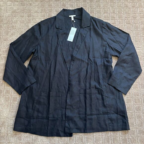 Eileen Fisher Long Linen Blazer Women's XL Black Open Organic Notch Collar NWT - Picture 1 of 9